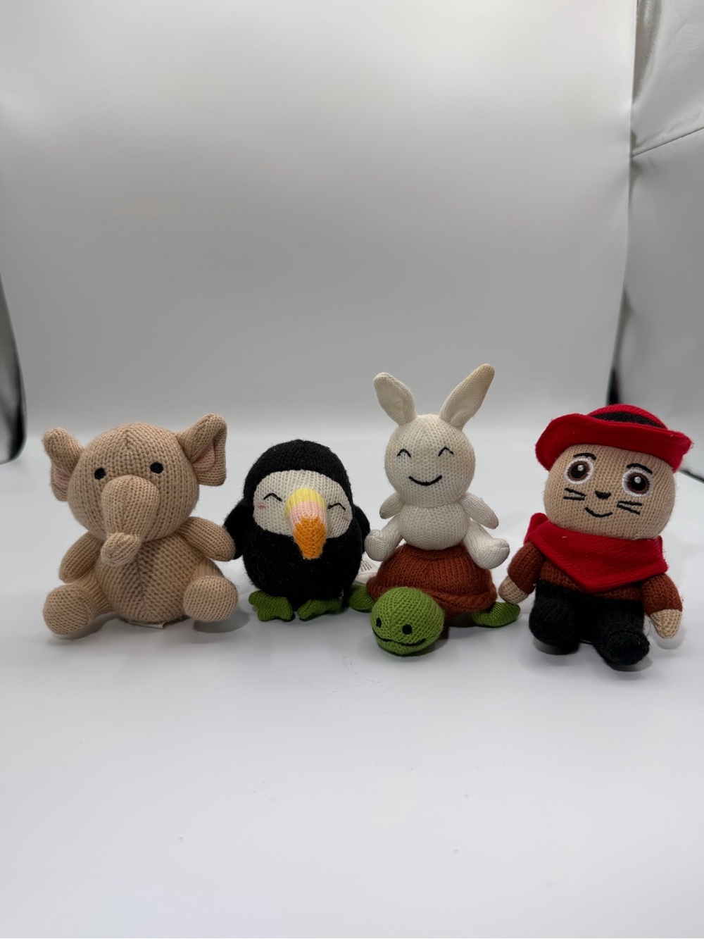 Hand-Knit Plush Animal Toy Set - Beige, Black, White, Green, Red